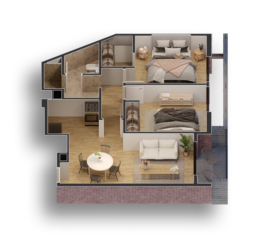 Plano Departamento B — 1 Dormitorio Esquina